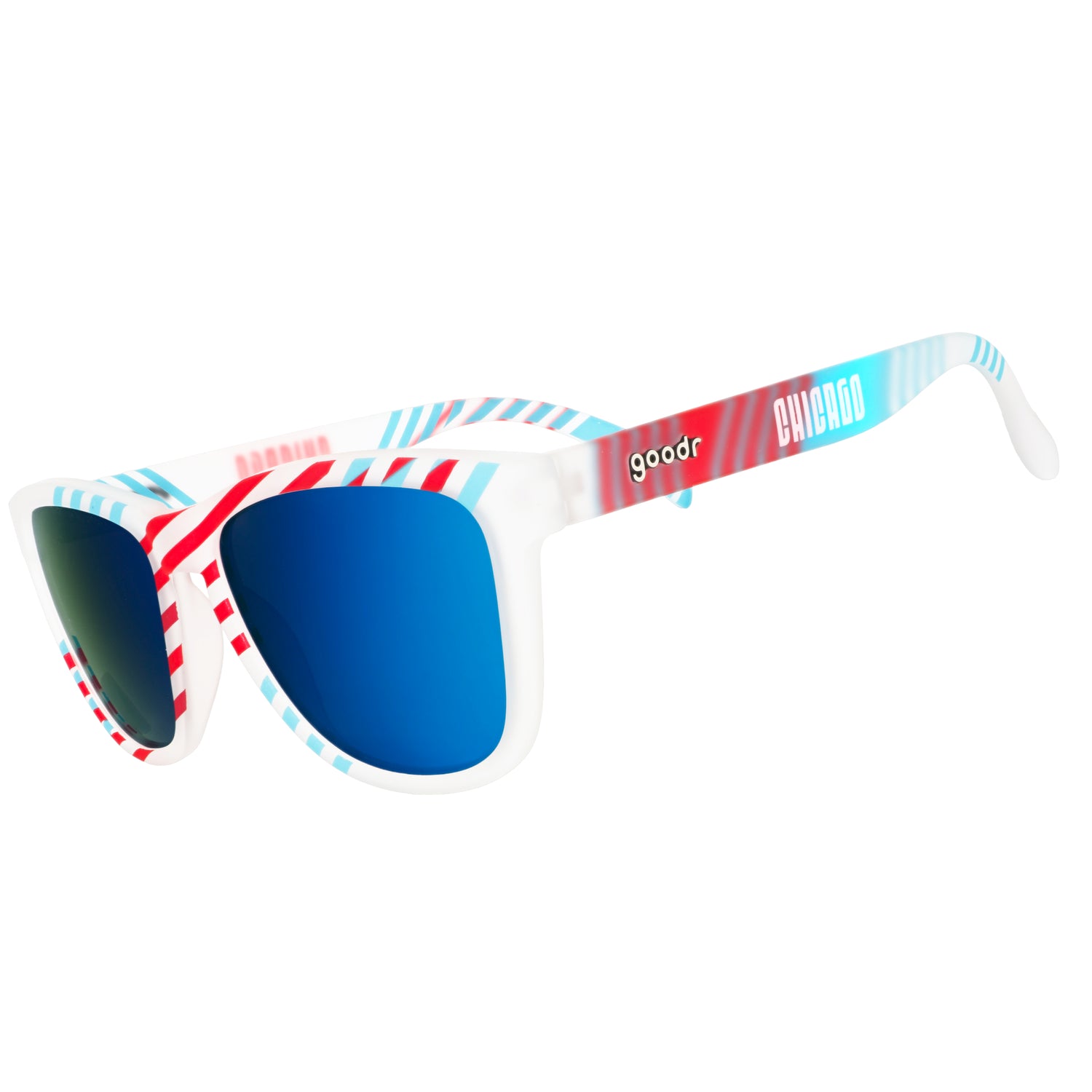 Three-quarter angle view of blue and red sunglasses with an asymmetrical striped print, Chicago logo, and blue reflective lenses.