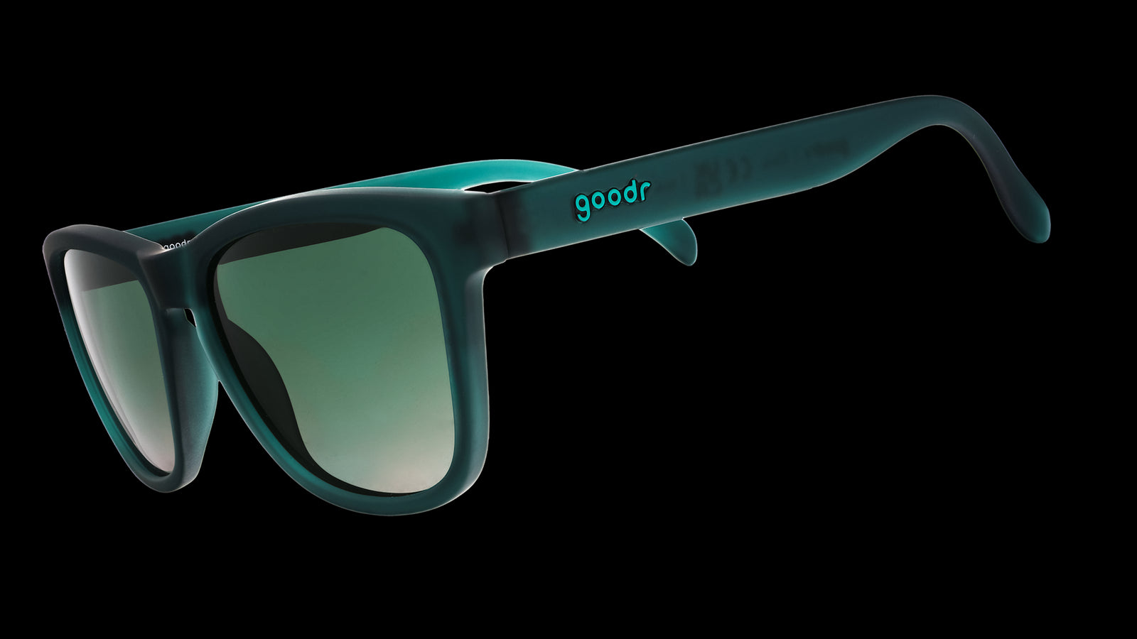 Three-quarter angle view of classic dark teal sunglasses with green gradient lenses.