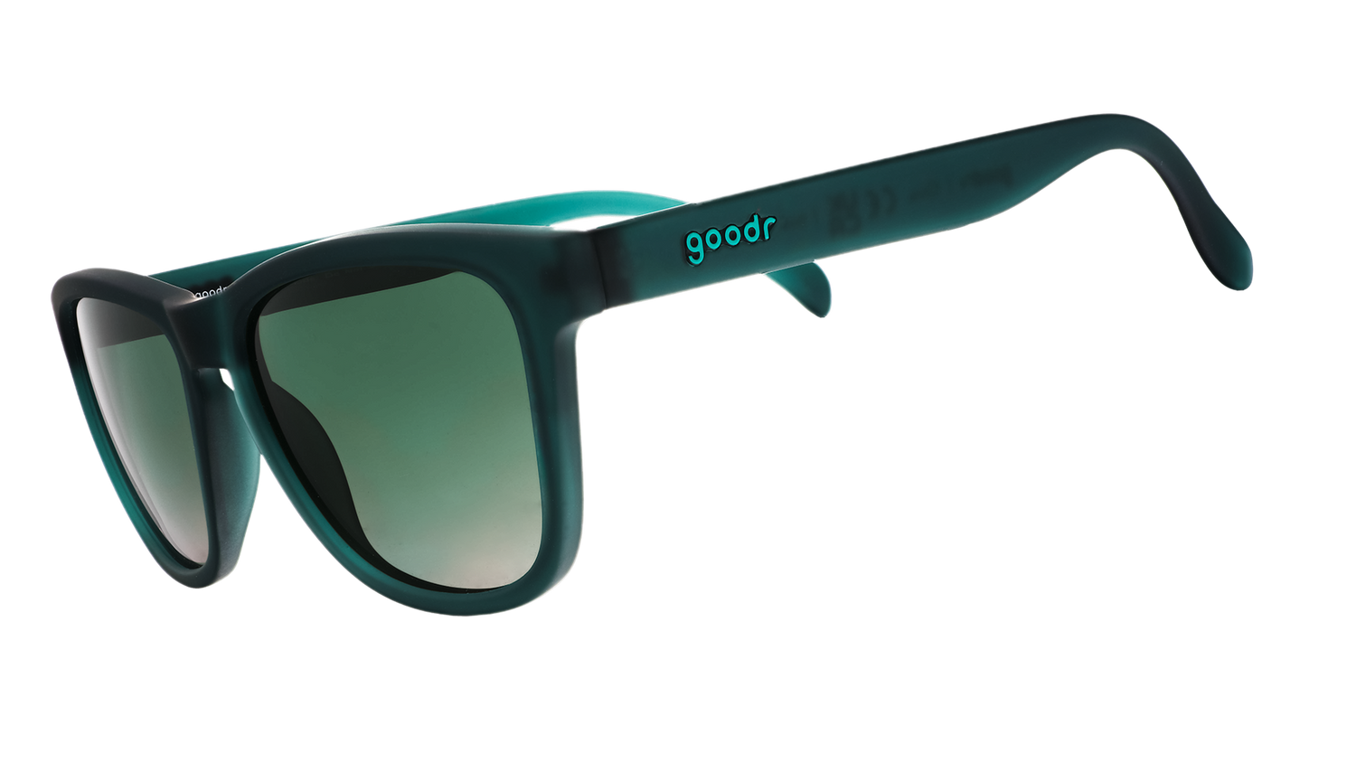 Three-quarter angle view of classic dark teal sunglasses with green gradient lenses.