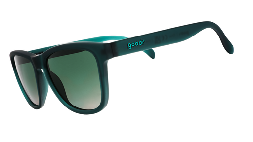 Three-quarter angle view of classic dark teal sunglasses with green gradient lenses.