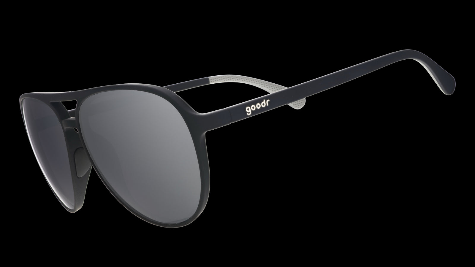 Three-quarter angle view of aviator sunglasses with black frames and chrome reflective lenses on a white background.