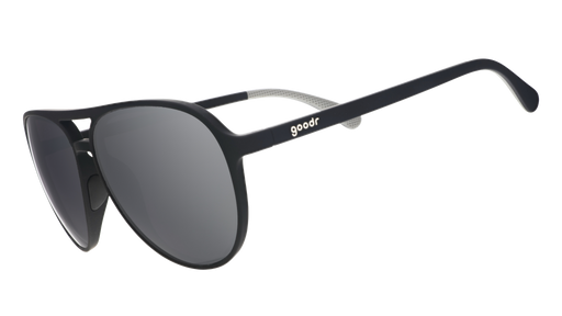Three-quarter angle view of aviator sunglasses with black frames and chrome reflective lenses on a white background.