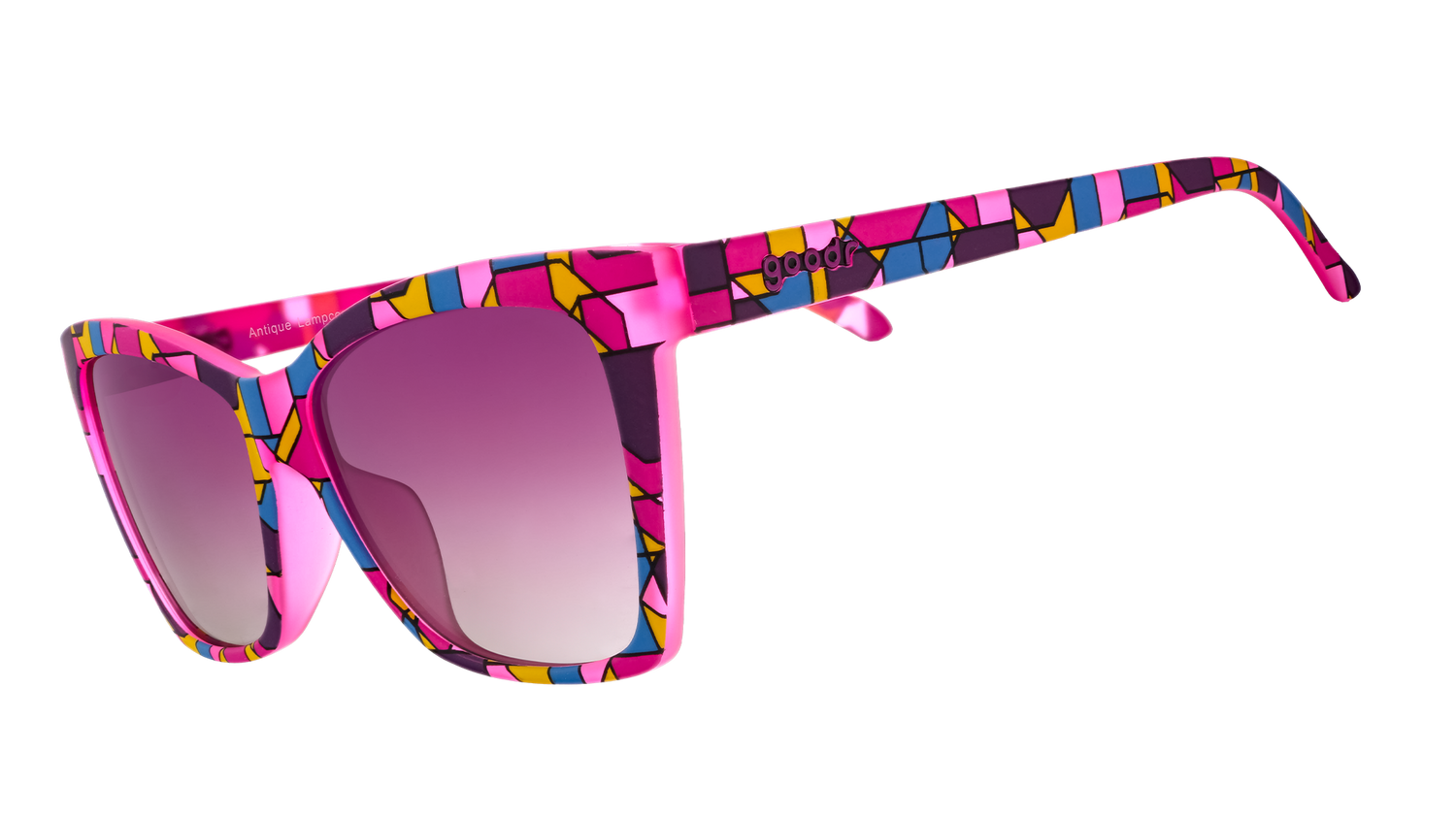 Three-quarter angle view of purple Pop G cat-eye shades with a stained glass-inspired design and purple gradient lenses.