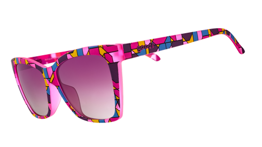 Three-quarter angle view of purple Pop G cat-eye shades with a stained glass-inspired design and purple gradient lenses.