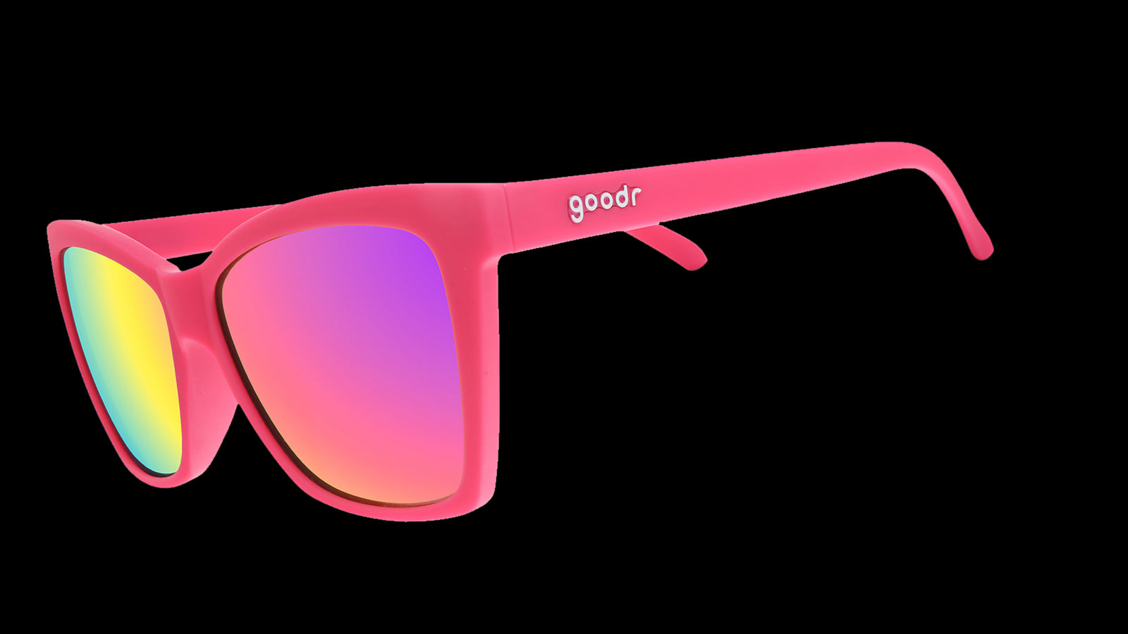 Three-quarter angle view of hot pink angled cat-eye sunglasses with pink reflective lenses.