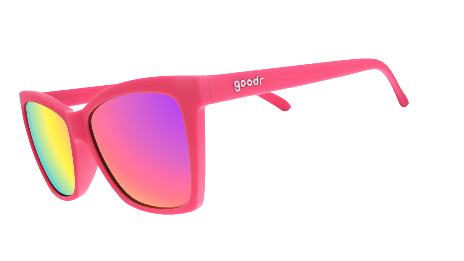 Three-quarter angle view of hot pink angled cat-eye sunglasses with pink reflective lenses.