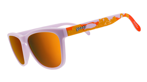 Sunglasses with light purple frames, reflective orange lenses, and colorful orange-and-red themed arms.