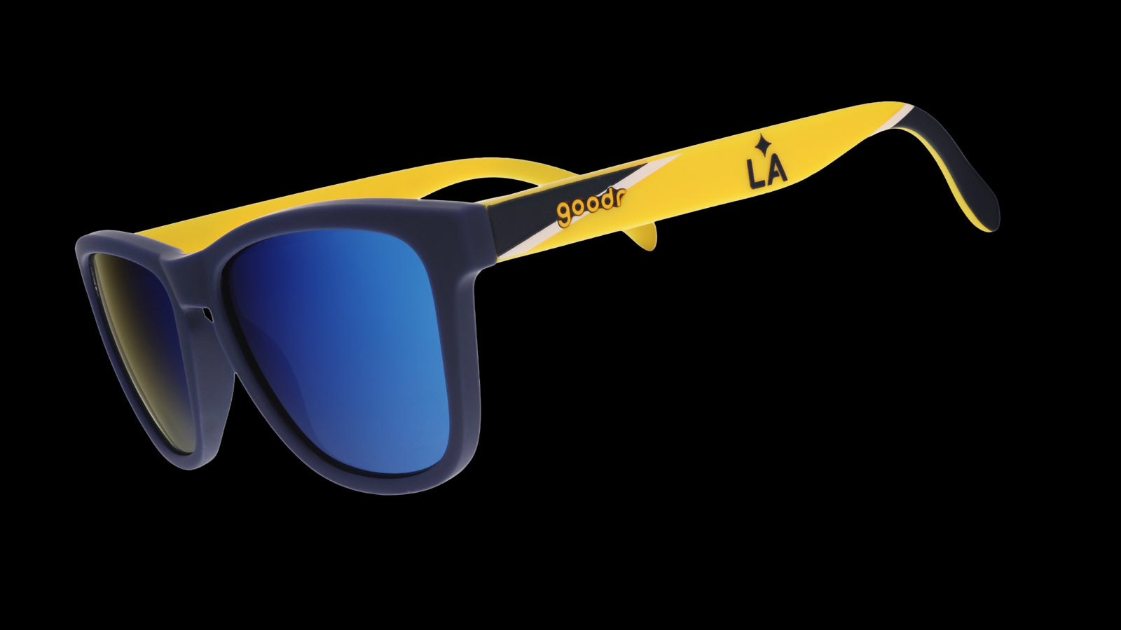 Three-quarter angle view of Major League Soccer LA Galaxy shades. Navy+yellow frames. Blue reflective lenses.