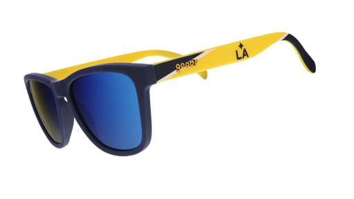 Three-quarter angle view of Major League Soccer LA Galaxy shades. Navy+yellow frames. Blue reflective lenses.