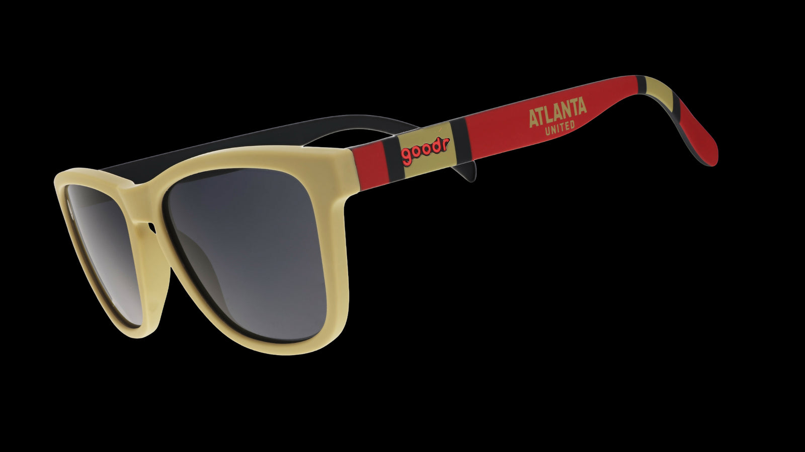Three-quarter angle view of Major League Soccer Atlanta United shades. Gold+red frames. Black non-reflective lenses.