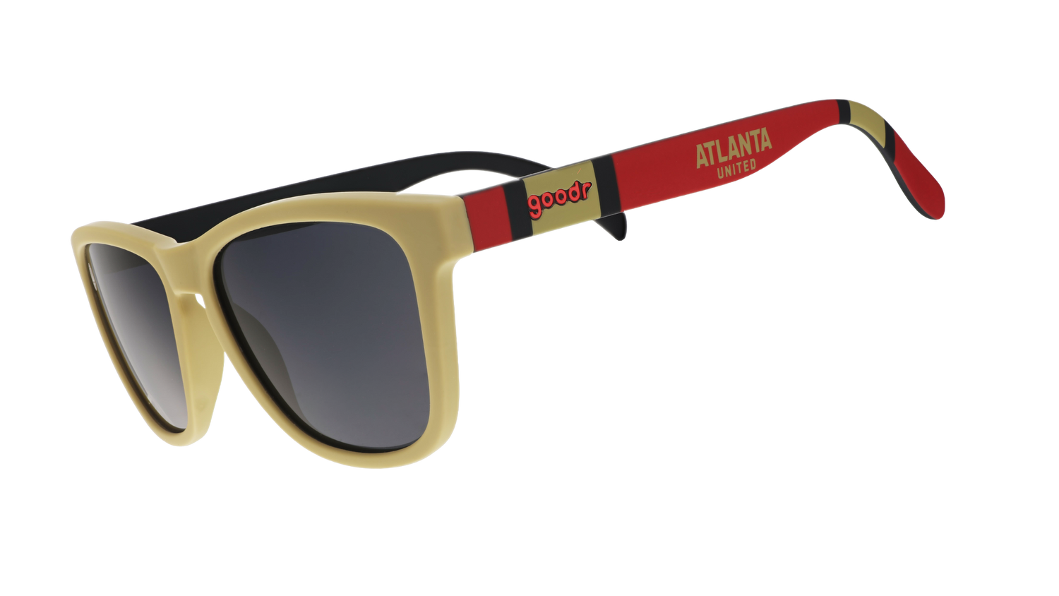 Three-quarter angle view of Major League Soccer Atlanta United shades. Gold+red frames. Black non-reflective lenses.