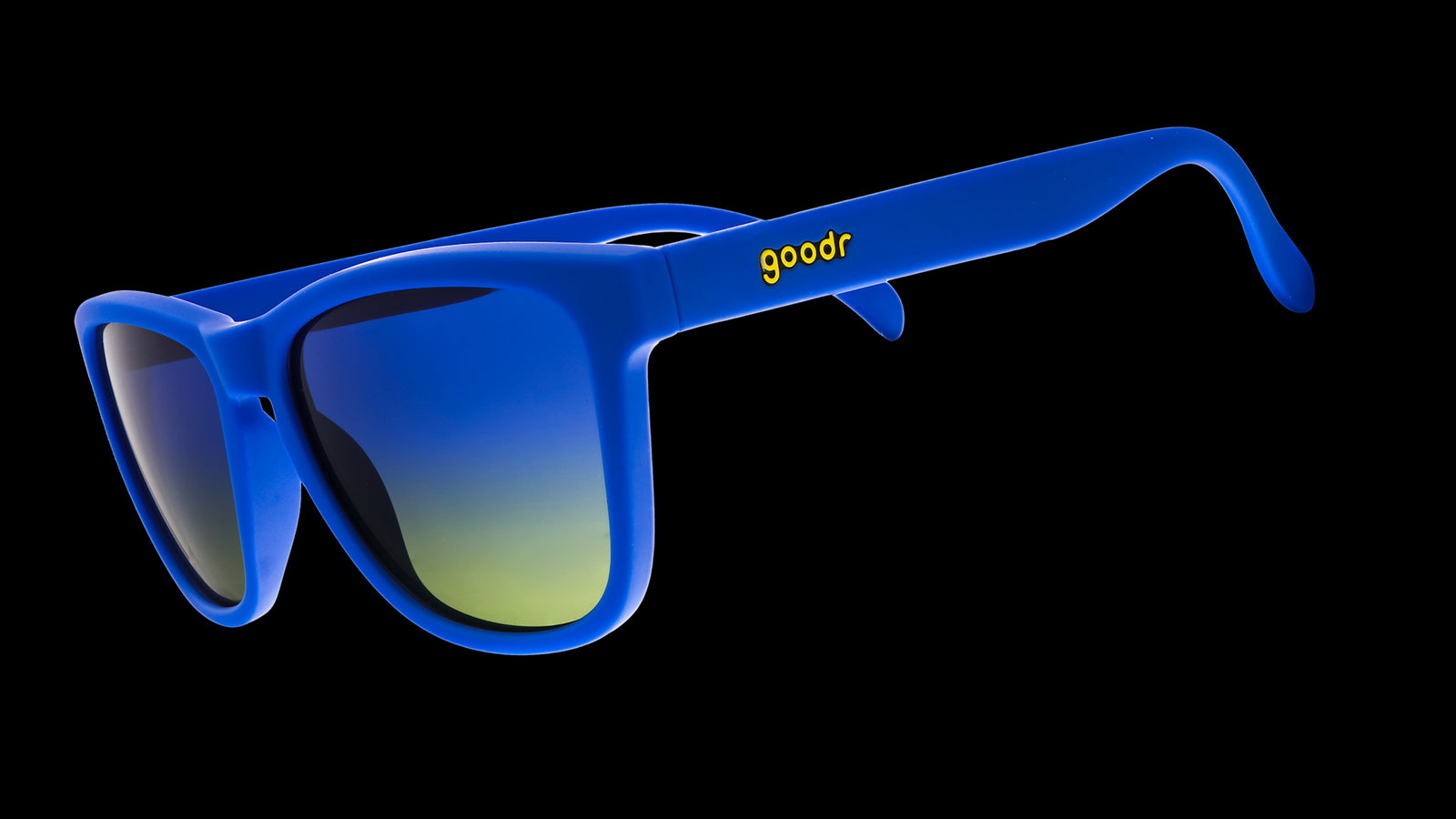 Three-quarter angle view of classic blue sunglasses with blue-yellow ocean lenses.