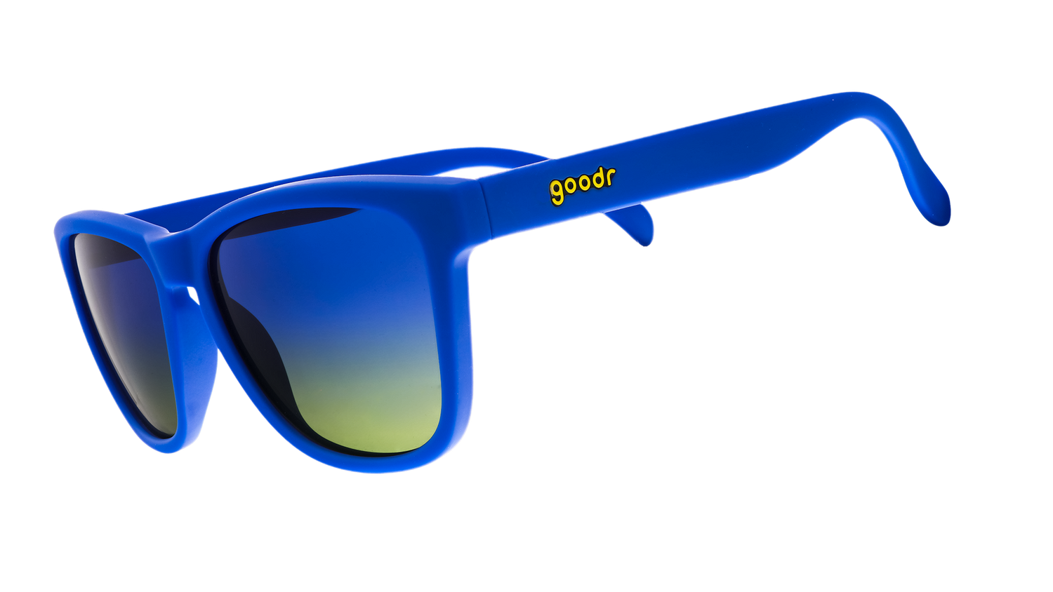 Three-quarter angle view of classic blue sunglasses with blue-yellow ocean lenses.
