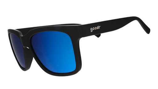 Three-quarter angle view of black sunglasses with blue lenses designed to float in water.