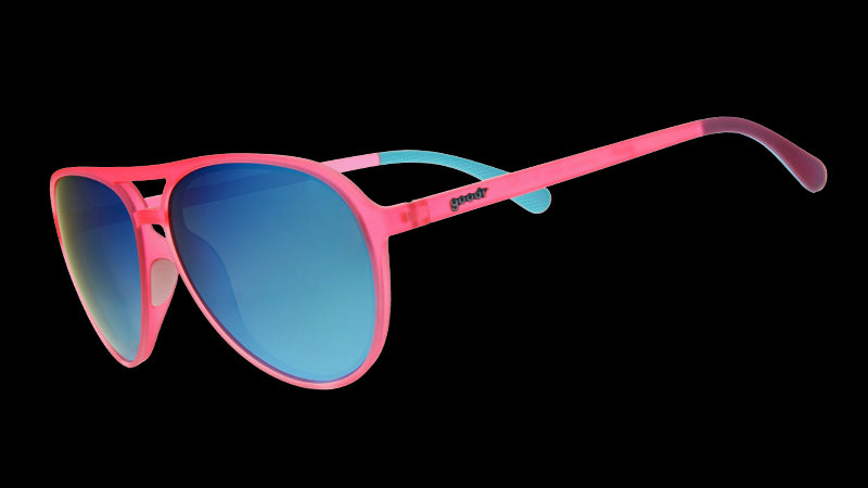 Three-quarter angle view of pink aviator sunglasses with mirrored reflective teal lenses.