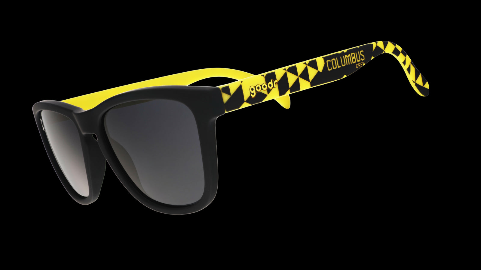 Three-quarter angle view of Major League Soccer Columbus Crew shades. Black+yellow frames. Black non-reflective lenses.