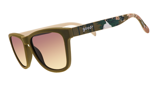A pair of olive-green "goodr" sunglasses featuring gradient brown-tinted lenses and camouflage-patterned arms.