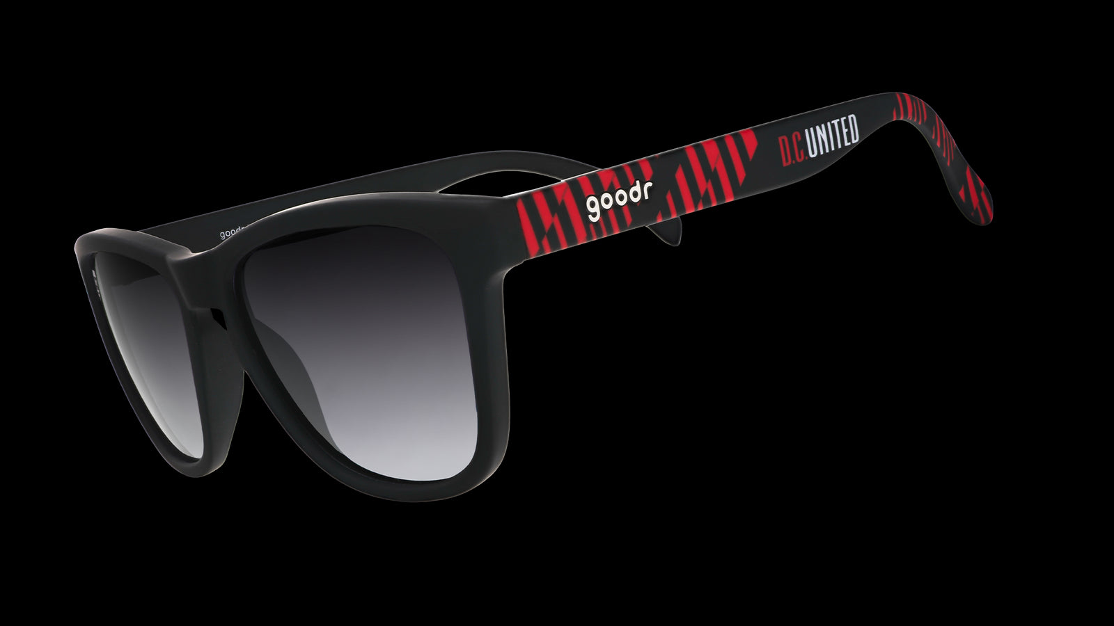 Three-quarter angle view of DC United Major League Soccer sunglasses with black and red frames and black lenses.