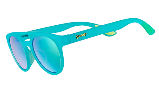 Three-quarter angle view of stylish aqua blue double bridge frames with round aqua reflective lenses.