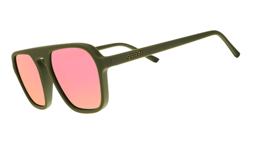 Three-quarter angle view of green retro-inspired aviator sunglasses with light pink reflective lenses.