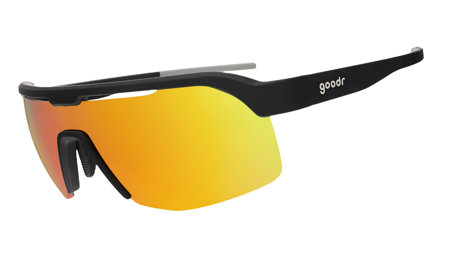 Sunglasses with black frame and orange-tinted lenses on a white background