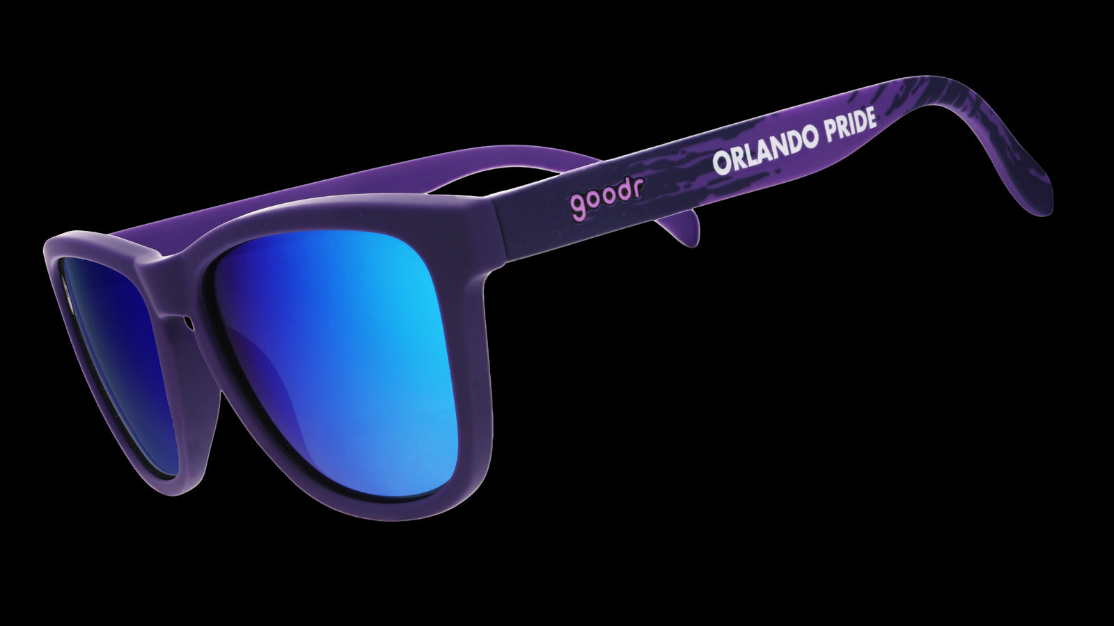 Sunglasses with blue lenses and purple frame on a white background
