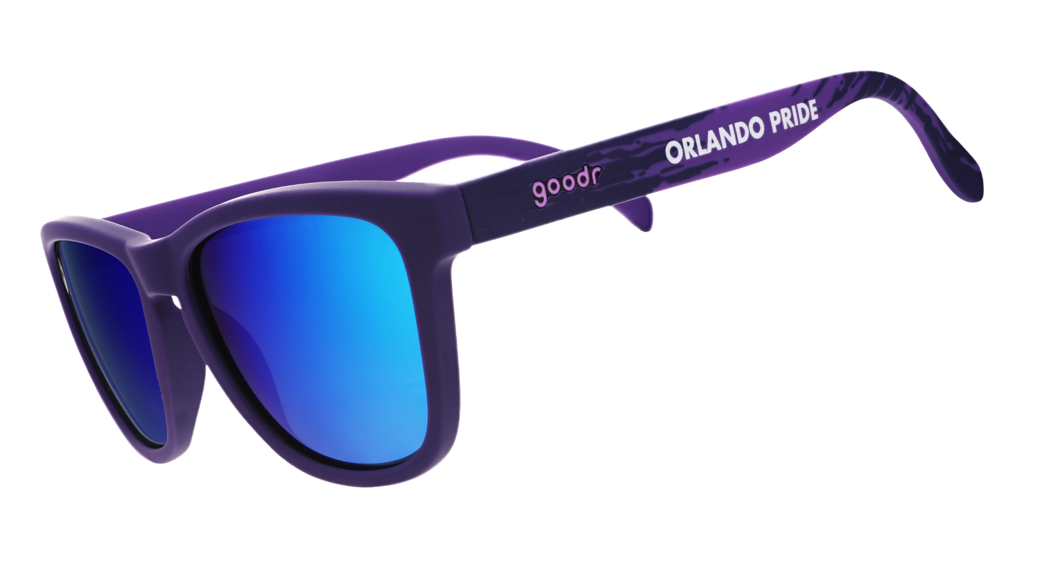 Sunglasses with blue lenses and purple frame on a white background