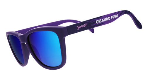 Sunglasses with blue lenses and purple frame on a white background