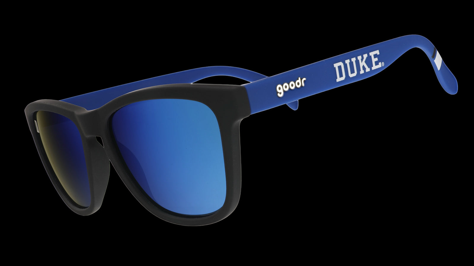 Three-quarter angle view of blue and black Duke University® Blue Devils® sunglasses with blue lenses.