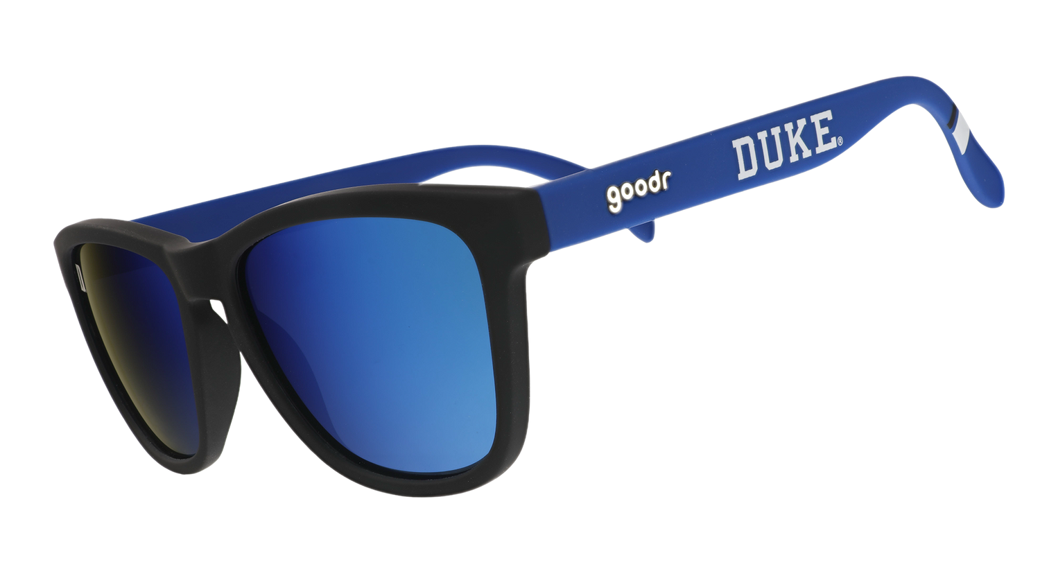 Three-quarter angle view of blue and black Duke University® Blue Devils® sunglasses with blue lenses.