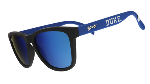 Three-quarter angle view of blue and black Duke University® Blue Devils® sunglasses with blue lenses.