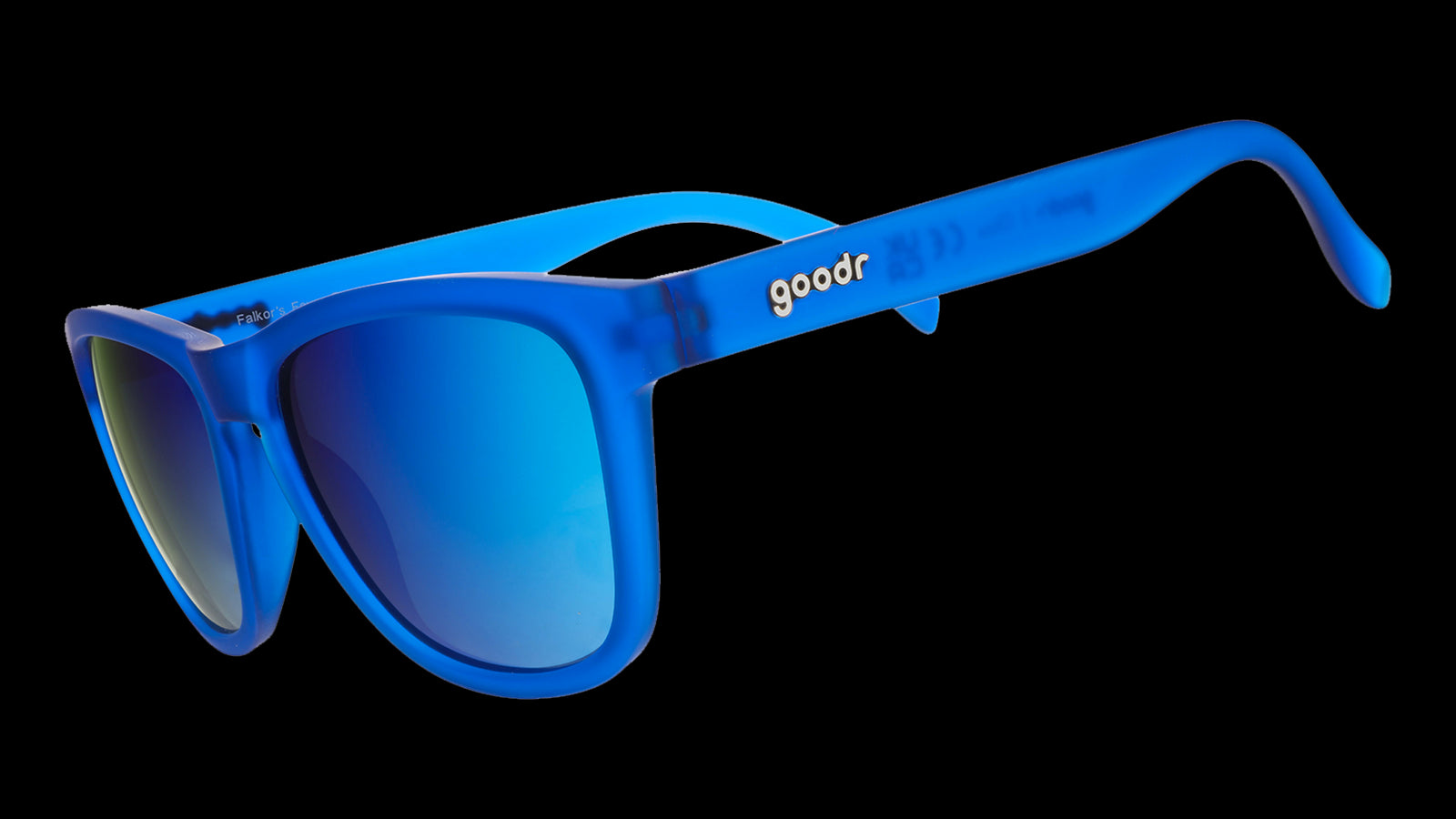 Three-quarter angle view of royal blue square-framed sunglasses with bright blue reflective lenses on a white background.