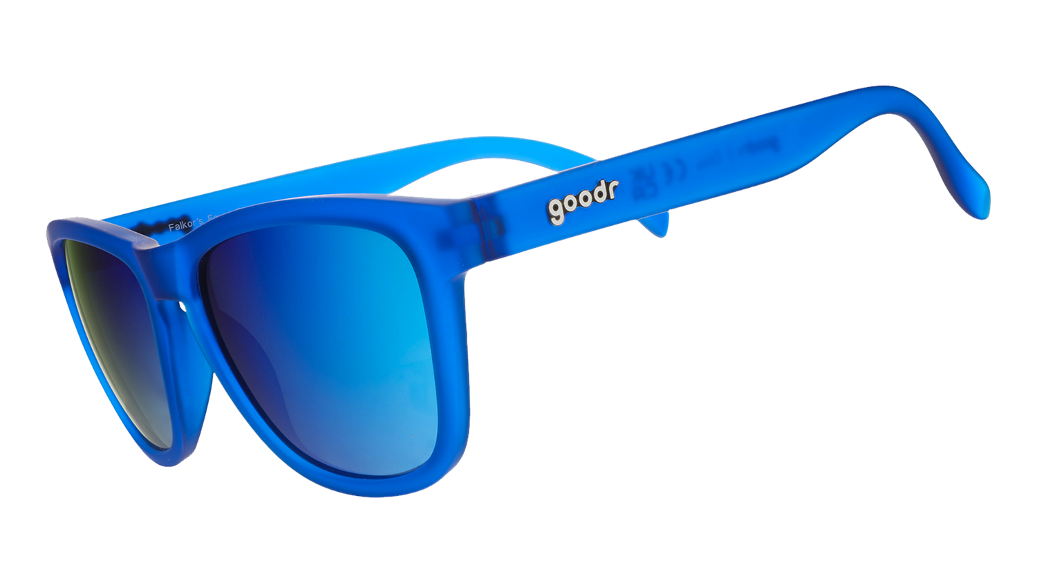Three-quarter angle view of royal blue square-framed sunglasses with bright blue reflective lenses on a white background.