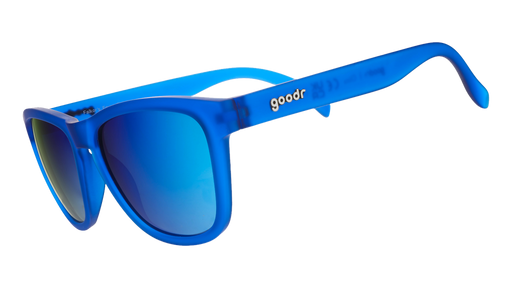 Three-quarter angle view of royal blue square-framed sunglasses with bright blue reflective lenses on a white background.
