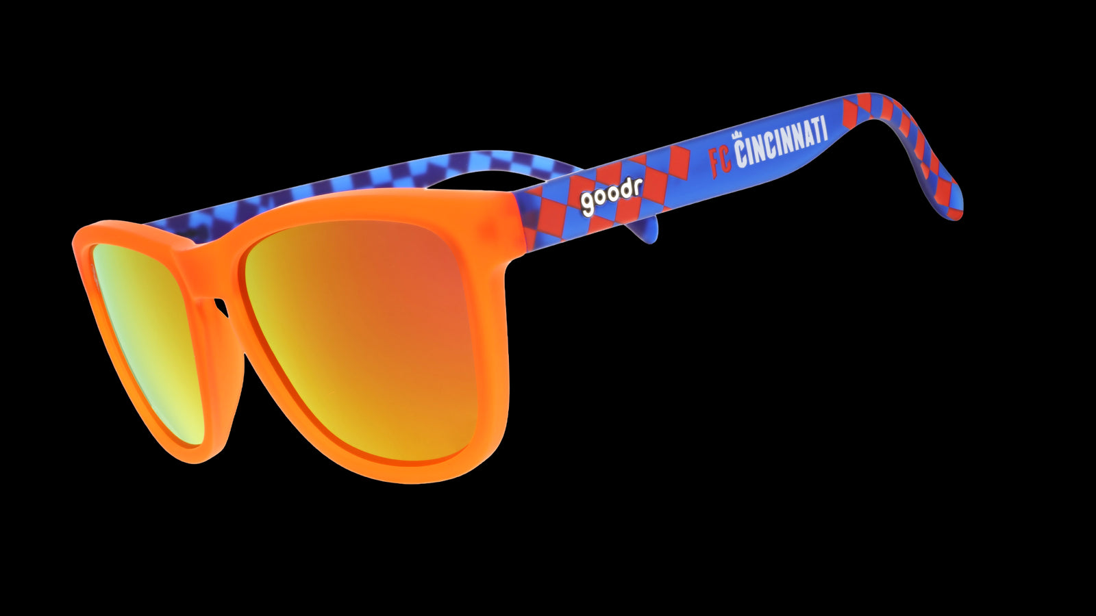 Three-quarter angle view of Major League Soccer FC Cincinnati shades. Orange+blue frames. Burnt orange lenses.