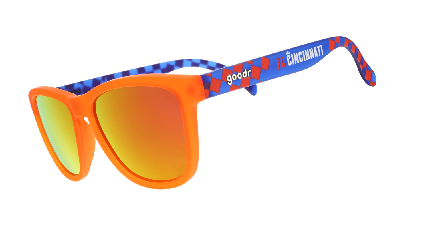 Three-quarter angle view of Major League Soccer FC Cincinnati shades. Orange+blue frames. Burnt orange lenses.