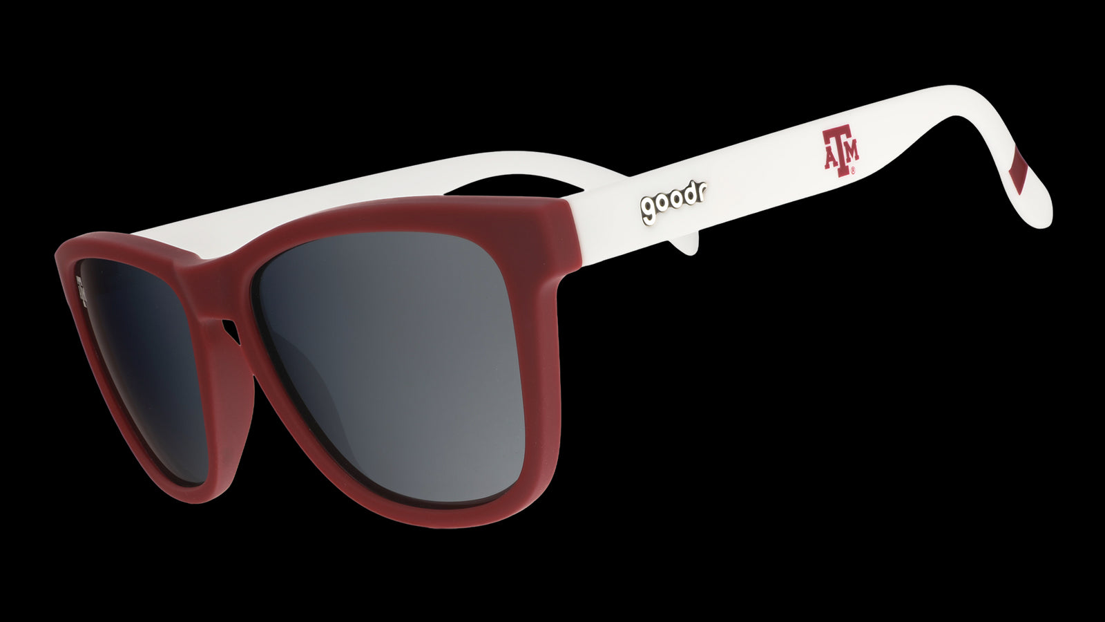 Three-quarter angle view of white and burgundy Texas A&M® Aggies™ sunglasses with chrome lenses.