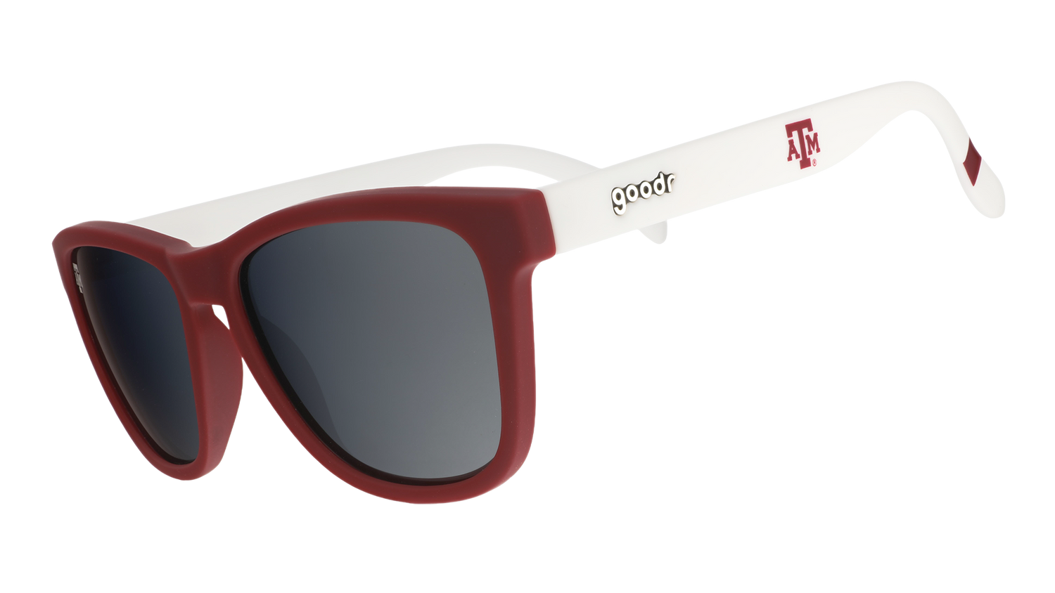 Three-quarter angle view of white and burgundy Texas A&M® Aggies™ sunglasses with chrome lenses.