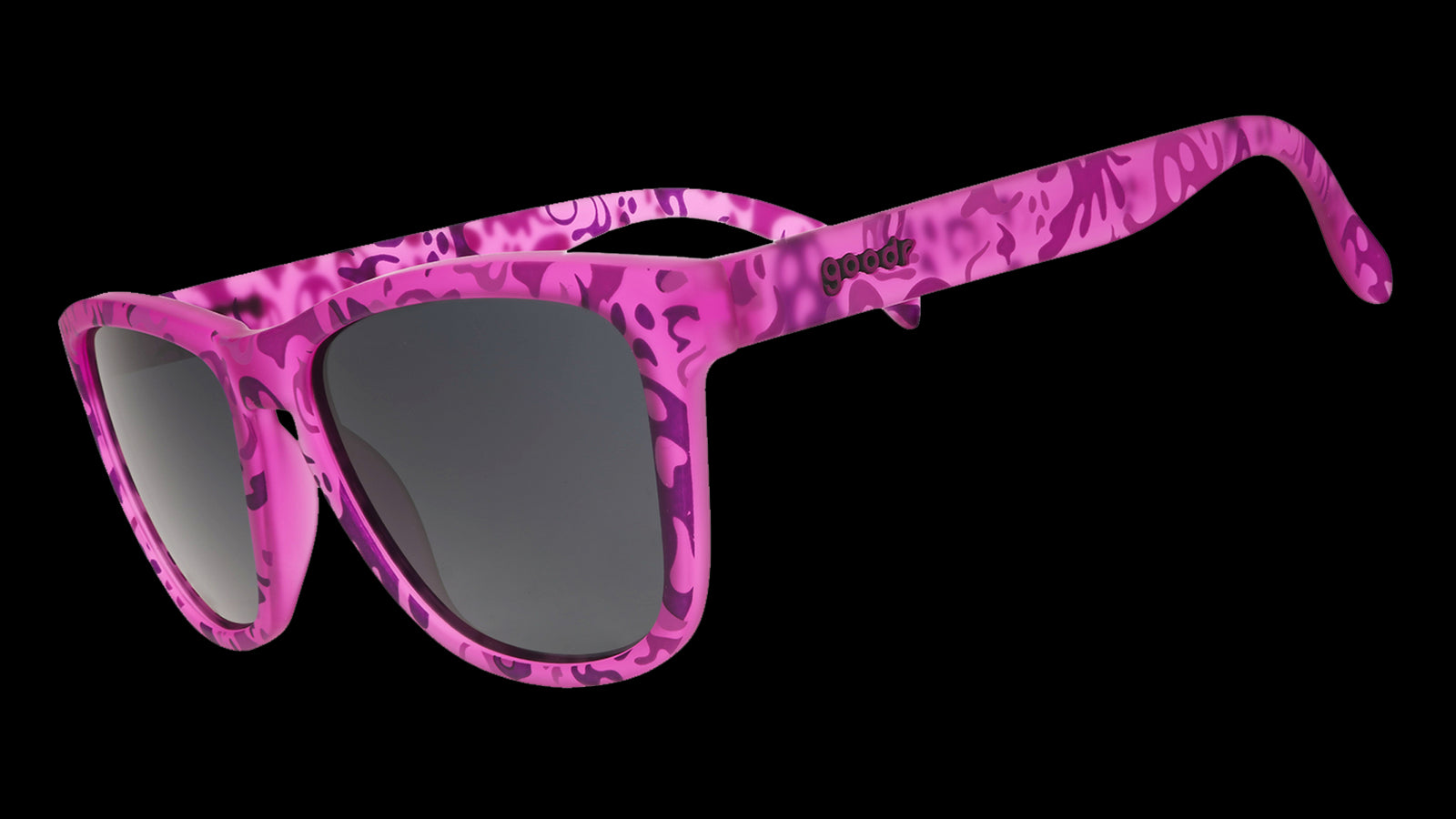 Three-quarter angle view of purple sunglasses featuring a phantom print and black non-reflective lenses.