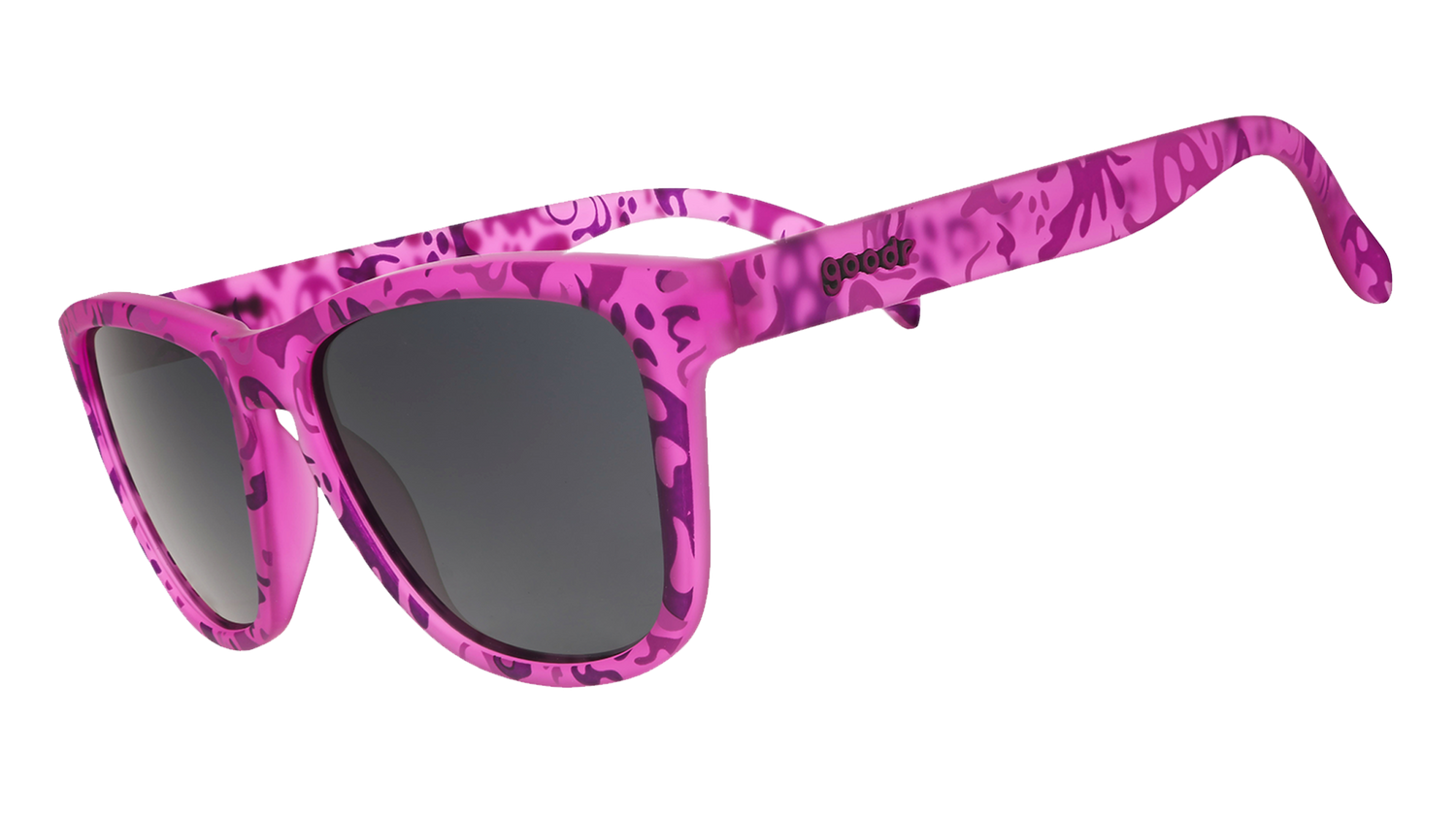Three-quarter angle view of purple sunglasses featuring a phantom print and black non-reflective lenses.