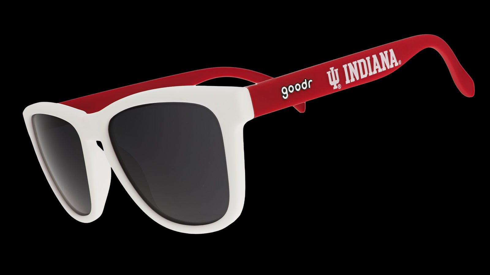 Three-quarter angle view of red & white Indiana University® shades with black lenses representing the Hoosier Nation™.
