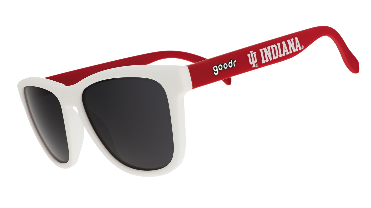 Three-quarter angle view of red & white Indiana University® shades with black lenses representing the Hoosier Nation™.