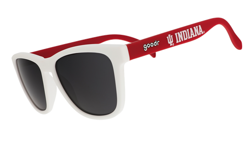Three-quarter angle view of red & white Indiana University® shades with black lenses representing the Hoosier Nation™.