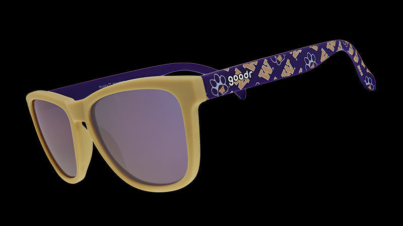 Purple and yellow University of Washington themed sunglasses