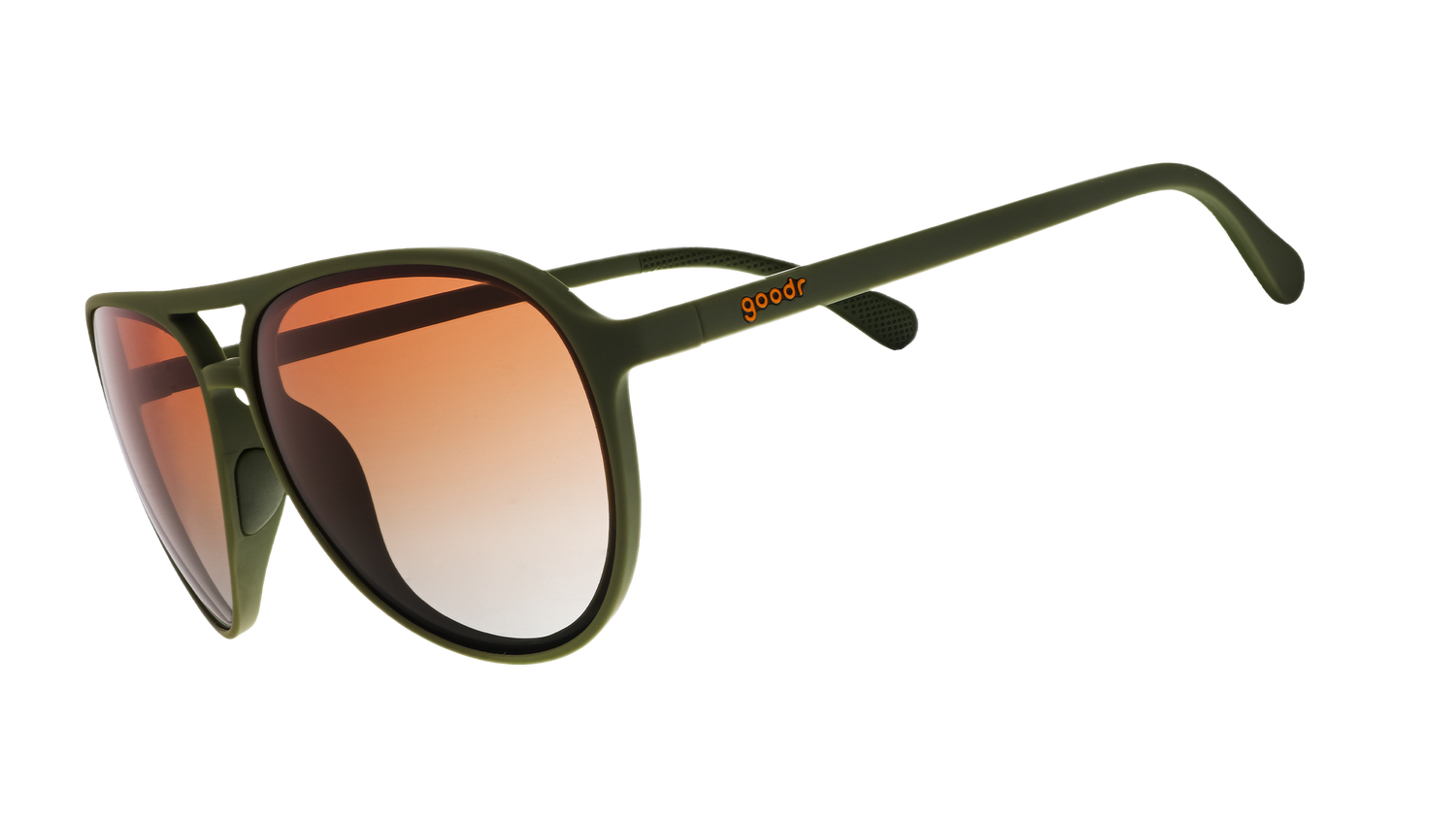 Three-quarter angle view of green aviator sunglasses with amber gradient lenses.