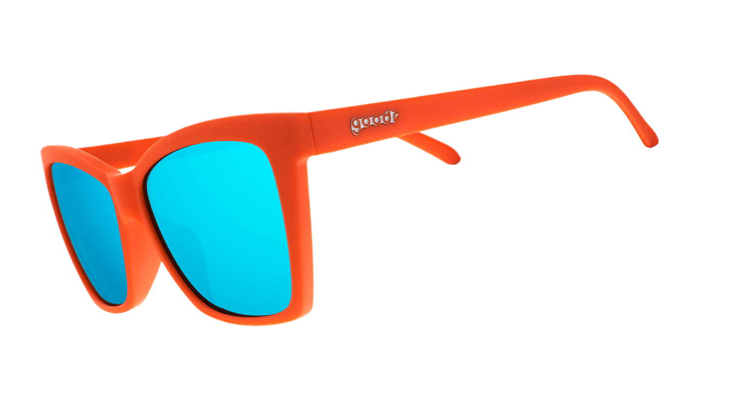 Three-quarter angle view of red angular sunglasses with blue reflective lenses.