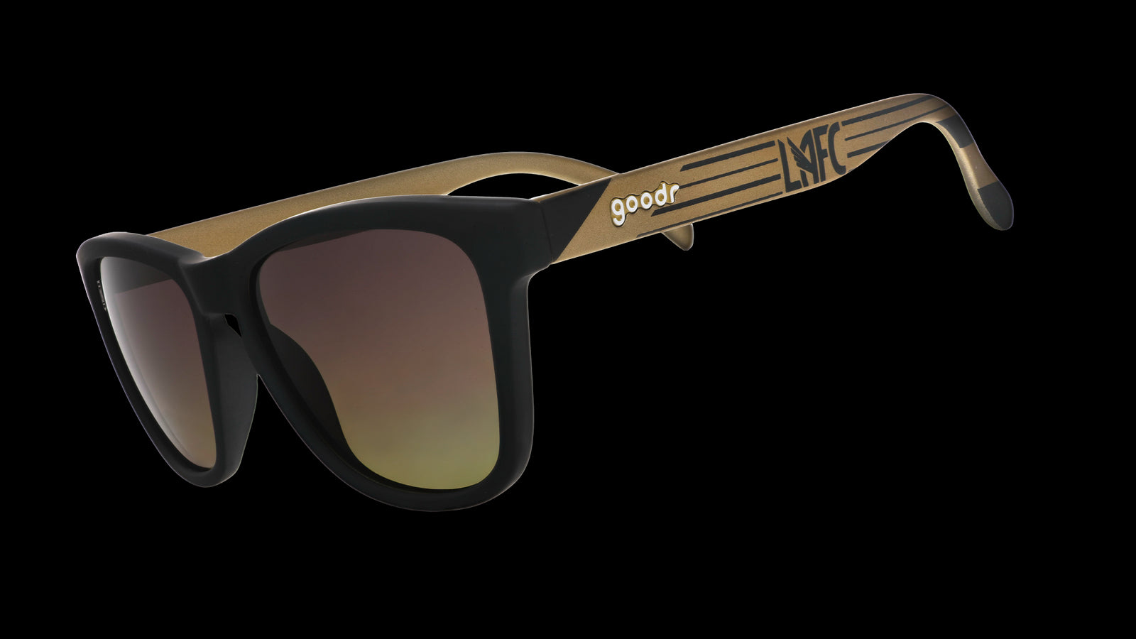 Three-quarter angle view of LAFC Major League Soccer sunglasses with black and gold frames and gray-yellow lenses