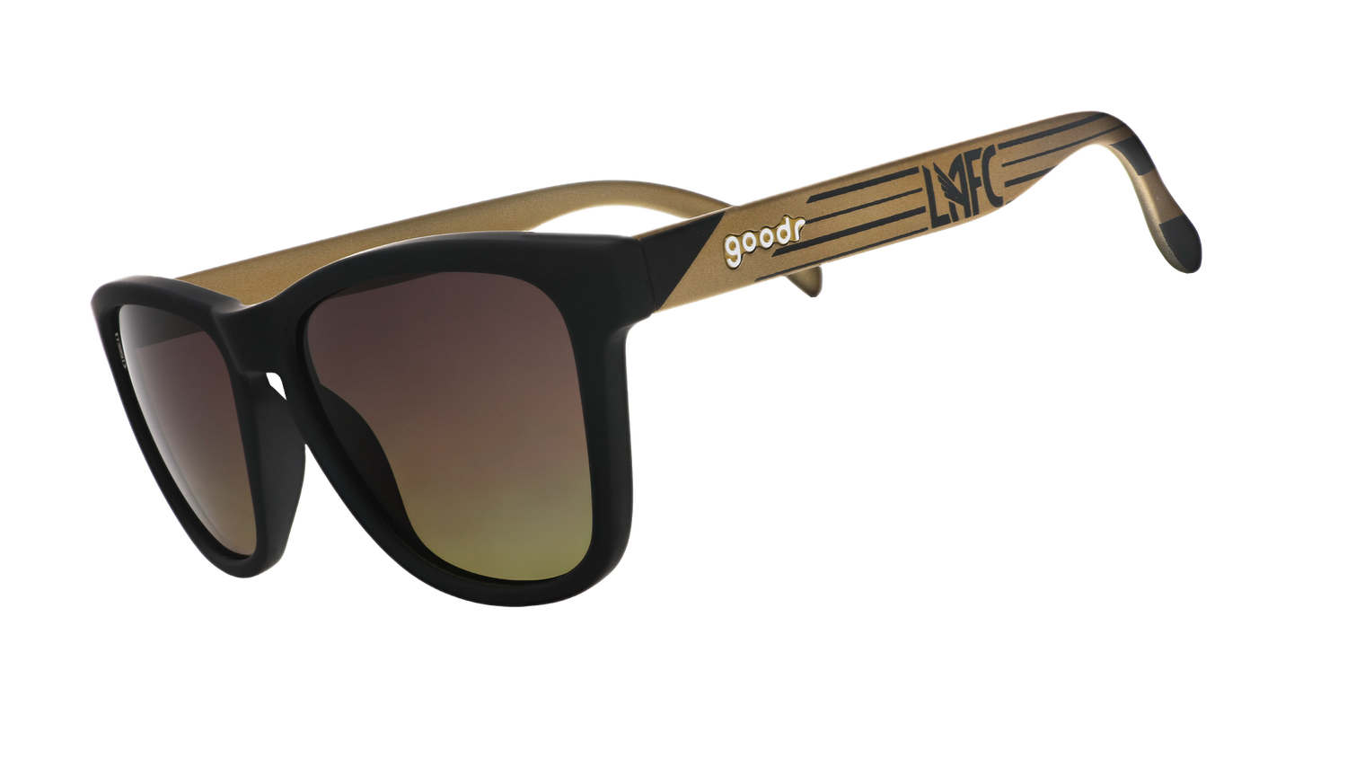 Three-quarter angle view of LAFC Major League Soccer sunglasses with black and gold frames and gray-yellow lenses