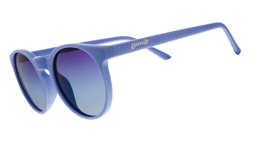 Three-quarter angle view of light blue circular sunglasses with dark blue gradient lenses.