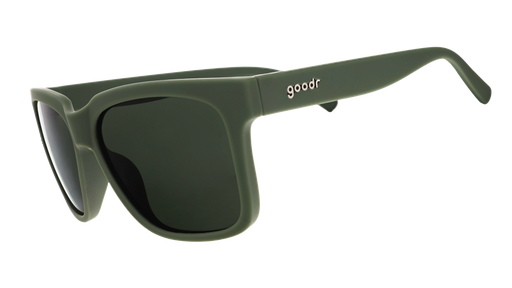 Three-quarter angle view of dark green sunglasses with green lenses designed to float in water.